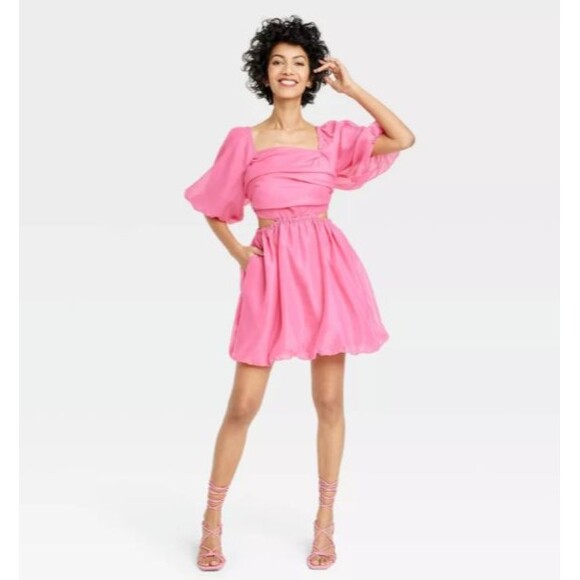a new day Dresses & Skirts - A New Day Puff Short Sleeve Cut Out Bubble A-Line Dress -BARBIE PINK - Sz LARGE